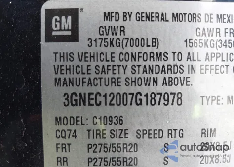 2007 Chevrolet Avalanche 1500 Lt z USA, uszkodzony, nr VIN 3GNEC12007G187978